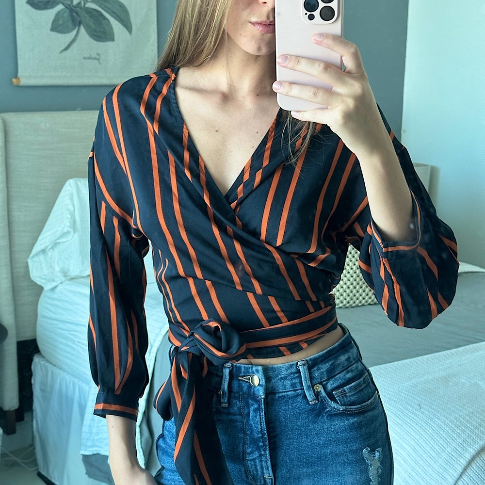 Navy & Orange Striped Wrap Blouse